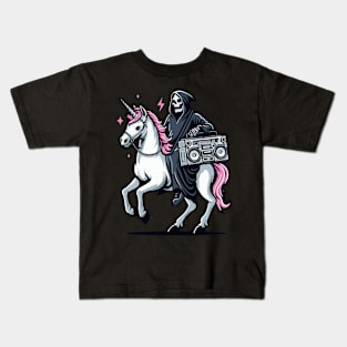 grim reaper music lover ride unicorn Kids T-Shirt